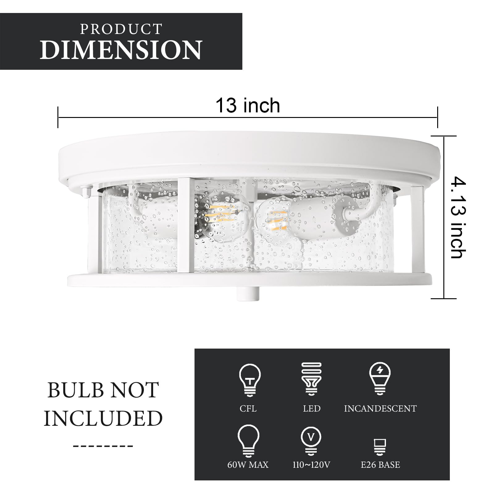 Odorpower White Flush Mount Ceiling Light Fixture, 2-Light With Seeded Glass White Ceiling Light Fixture For Bedroom, Indoor Outdoor Ceiling Lights For Porch Hallway Kitchen