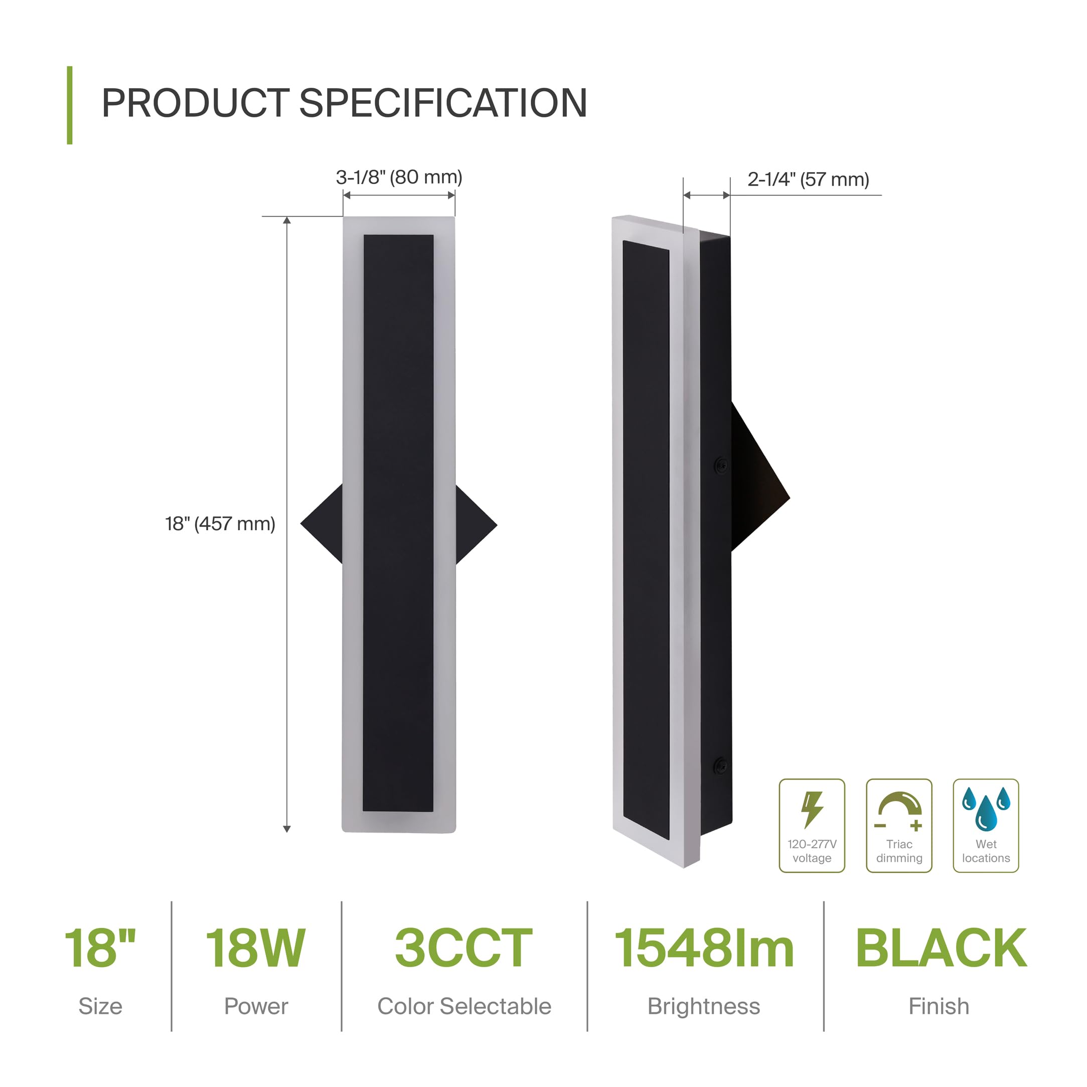 ASD LED Flush Mount Wall Light Fixture, 18W 1500LM, Dimmable, Waterproof, 18 Inch, Black, Model A-LWS27N-18D18BK