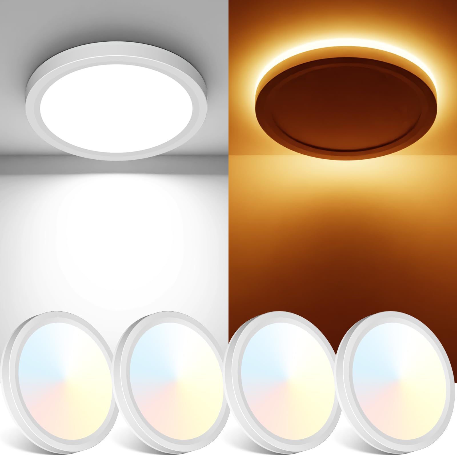 Fairdeer 4Pack 7 Inch Led Flush Mount Ceiling Lights With Night Light, 15W 1500Lm 3000K Warm To 6500K Cold Light Selectable, Sma