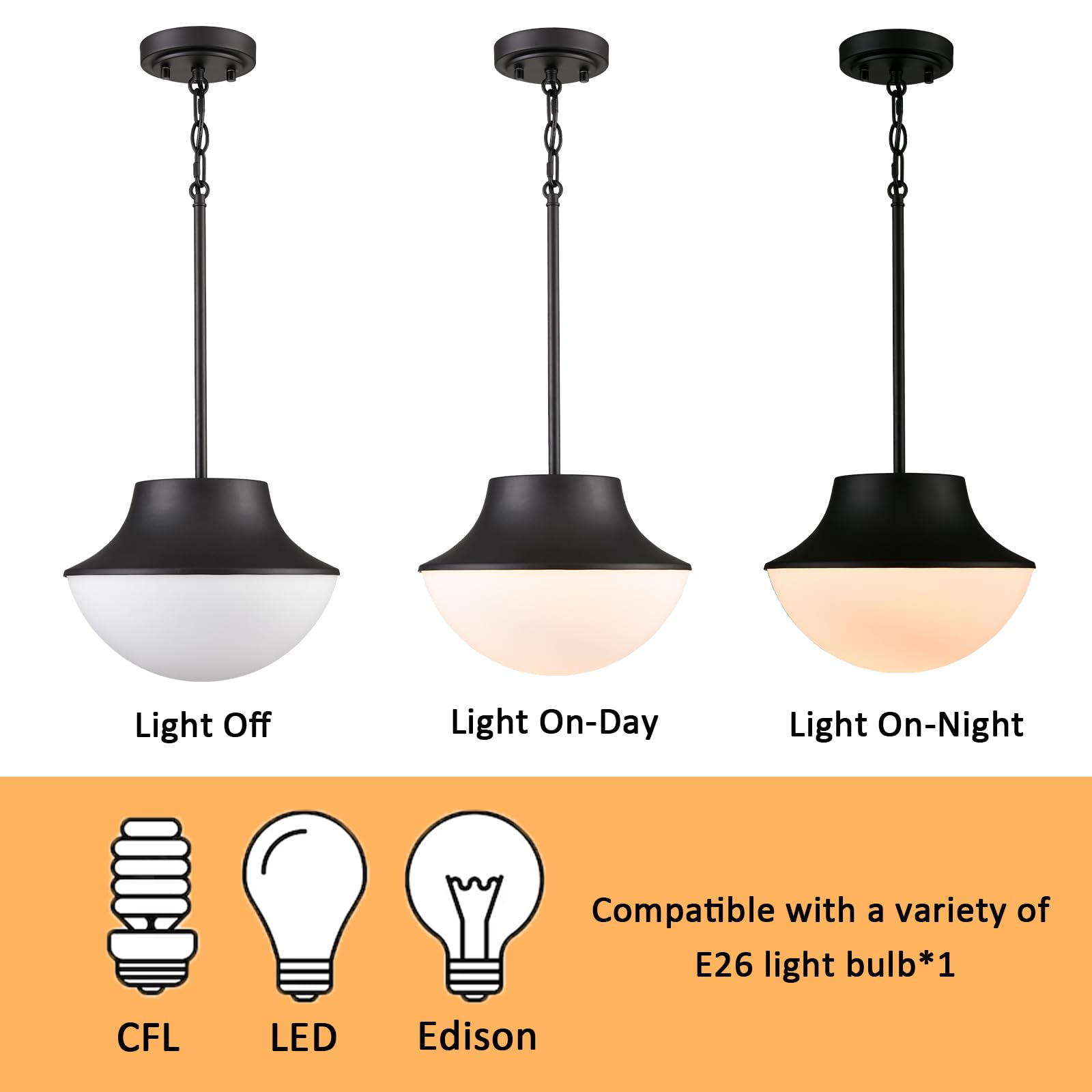 Tengiants Mid Century Farmhouse Pendant Lighting For Kitchen 11.02'' Matte Black Pendant Lights Kitchen Island With Milk Glass W