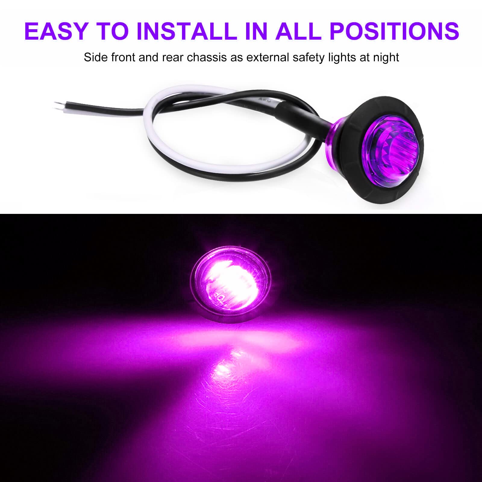 KEING 10 Pack Waterproof Mini Round 3/4 Inch Purple LED Marker Lights for Trailer, Truck, RV, 12V, 5-Year Warranty