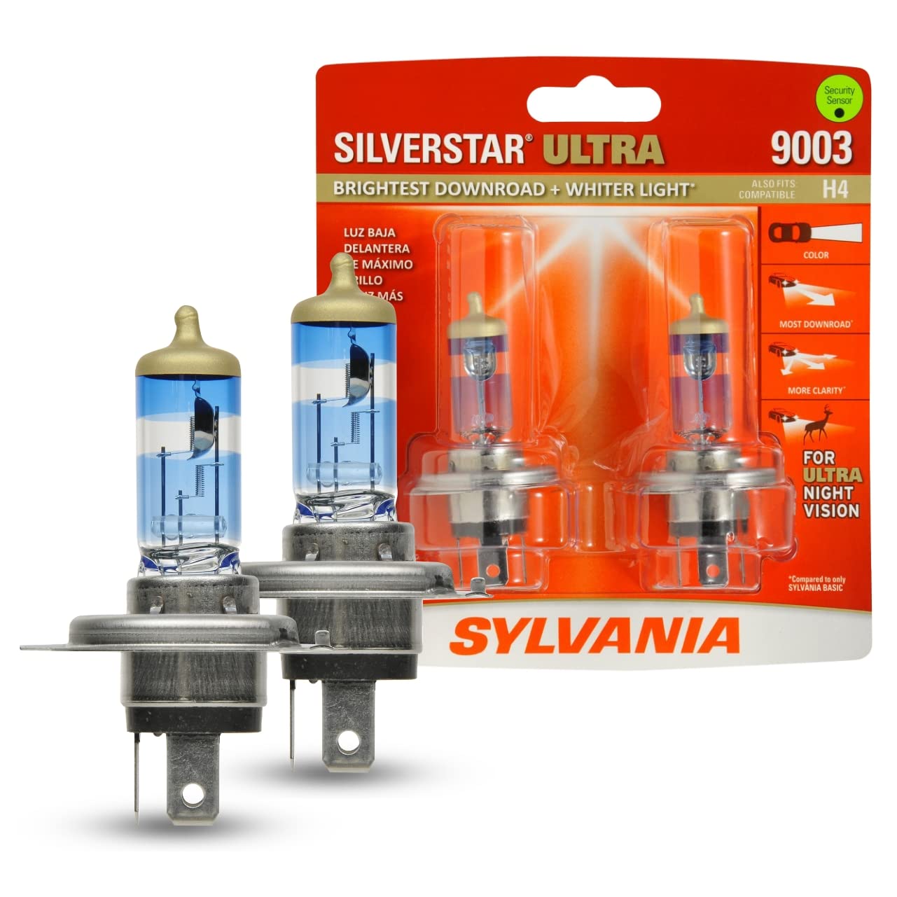 SYLVANIA 9003 SilverStar Ultra Halogen Headlight Bulb - High Beam, Low Beam, Fog Replacement, White, 9003 Size, 2 Bulbs