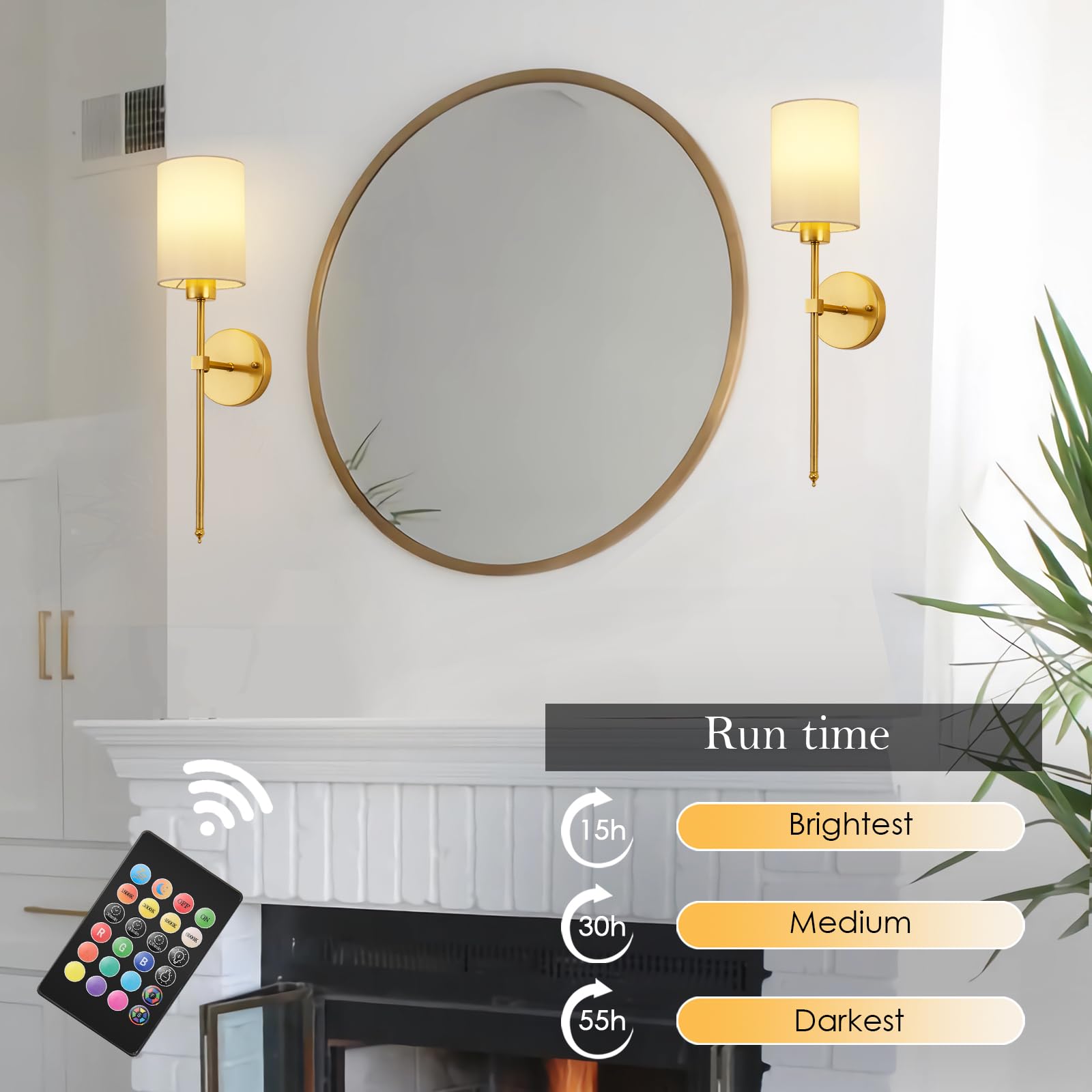 KARTOOSH Battery Operated Wall Sconces Set of Two, Dimmable 1800K-6000K, 23.6 Inch, Brass, Model ZM213B