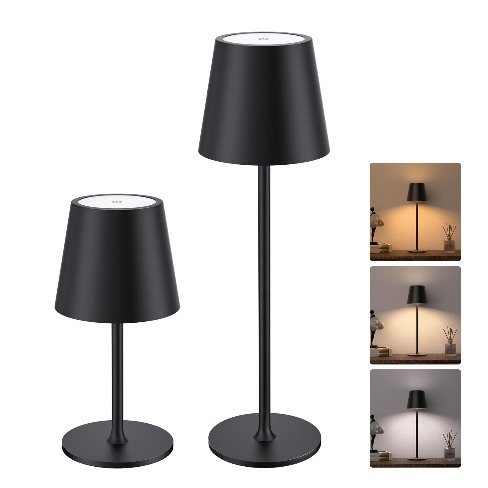 JACKYLED Cordless Table Lamps, Rechargeable, 3 Adjustable Heights, Waterproof, Metal, 2 Pack, Black, Model JKTL02-7005401A