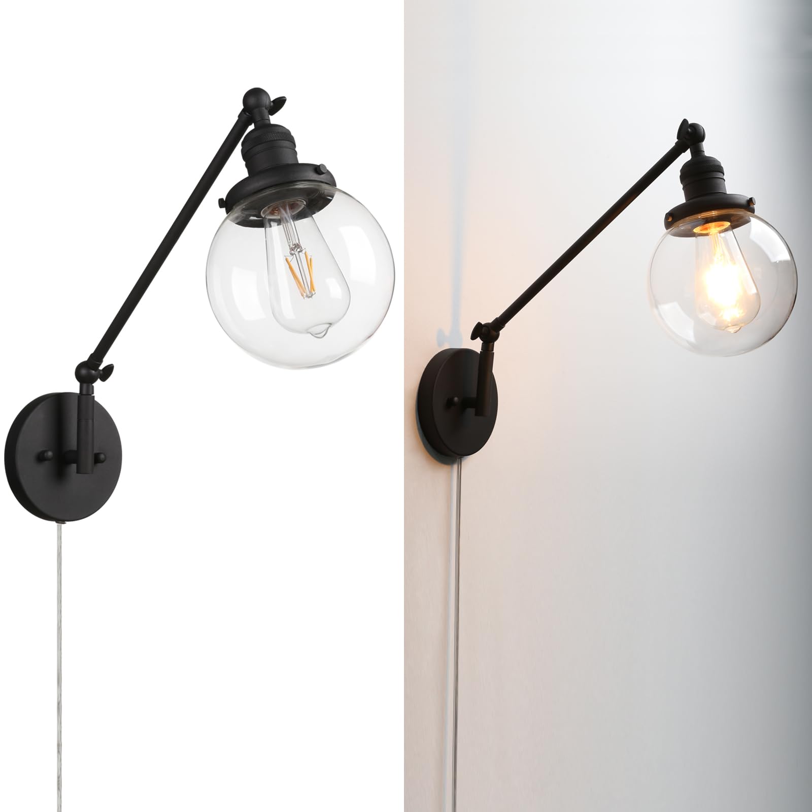 Permo Industrial Wall Sconce Plug In Sconce Swing Arm Wall Light Fixture With 5.9 Glass Globe Shade For Bedroom, Living Room Off