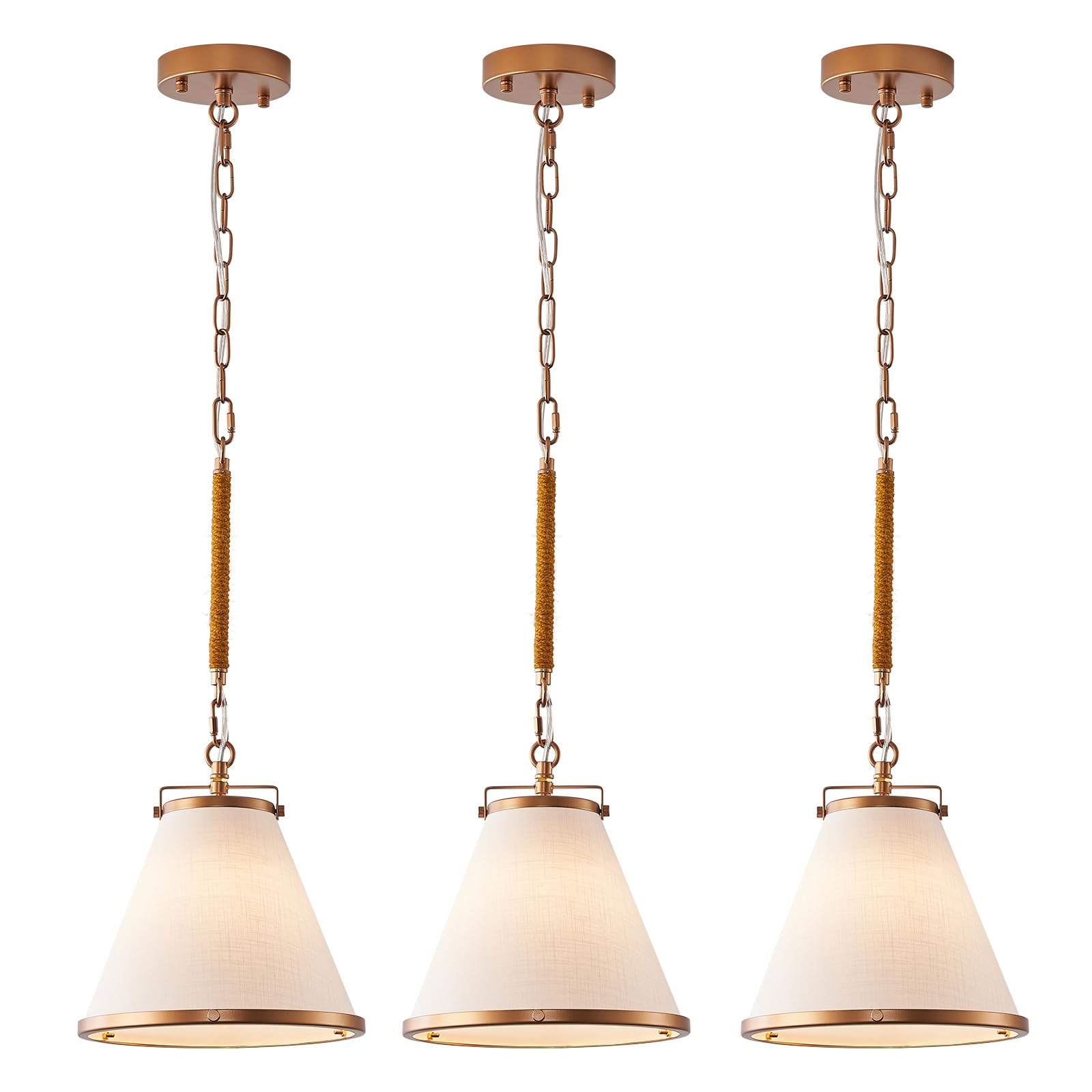 Fookchak 3-Pack Vintage Brass Kitchen Pendant Lighting Over Island White Linen Pendant Light 10In Copper Pendant Lighting With Hemp Rope Rod Entryway Ceiling Hanging Light For Dining Room
