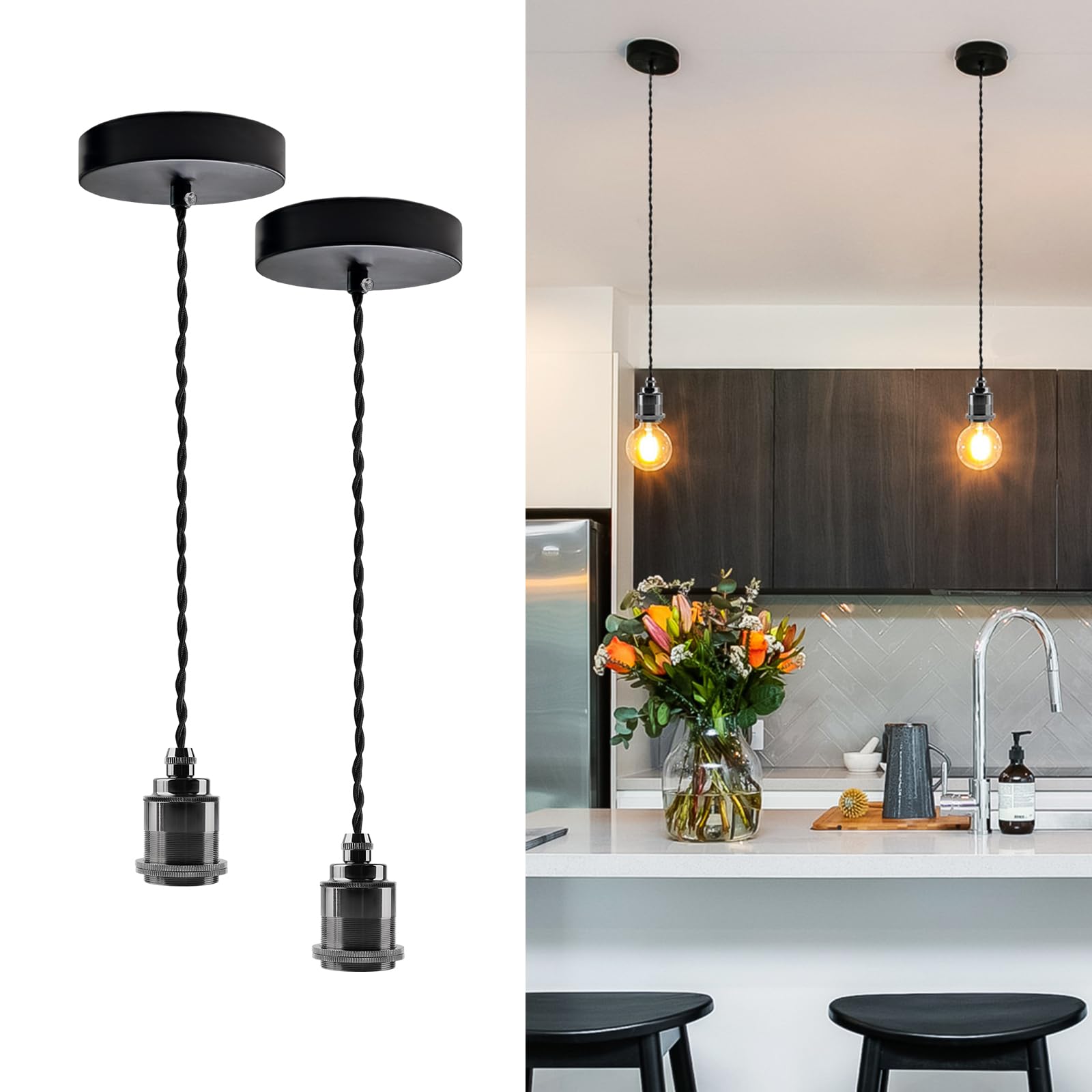 DTIEDY Pearl Black Mini Pendant Light Kit 2 Pack 4.92ft Vintage Pendant Light Cord Kit with Ceramic E26 Lamp Socket  Mini Ceiling Hanging Lights Fixtures for Kitchen Bedroom  No Bulb