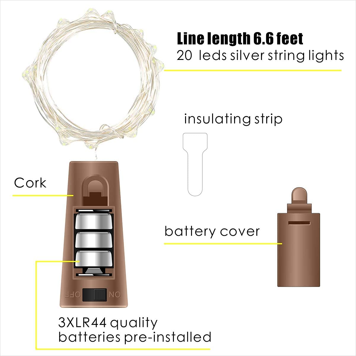 Fensty 30 Pack Wine Bottle Lights With Cork - Cork Bottle Lights Battery Operated 6.6Ft Silver Wire 20 Leds Fairy Lights For Christmas Diy Party Decor Wedding (Warm White 90 Additional Batteries)