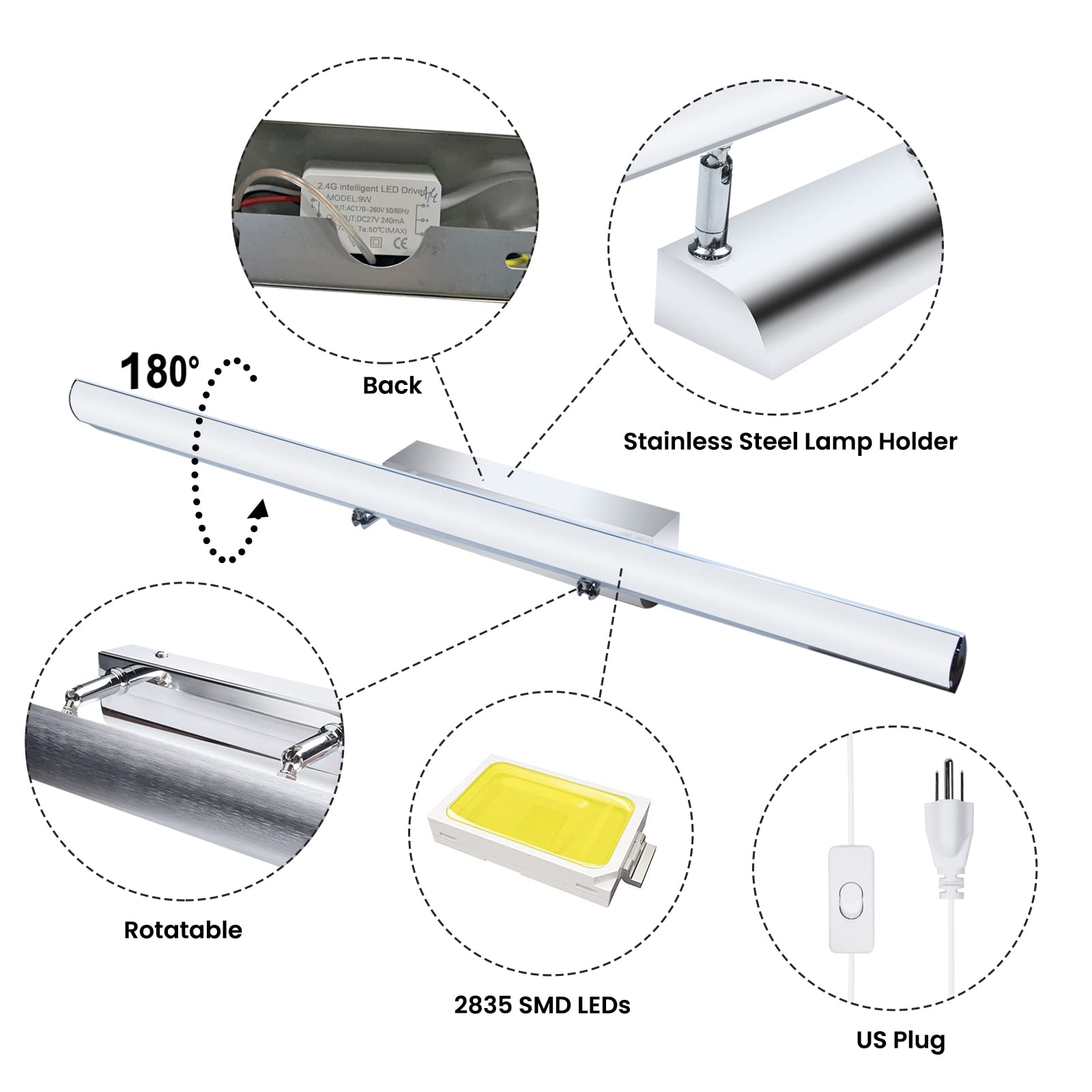 Bonlux LED Bathroom Vanity Mirror Lighting, 22" 9W Stainless Steel, Daylight 6000K, Modern Design for Dressing Room & Wall Sconce