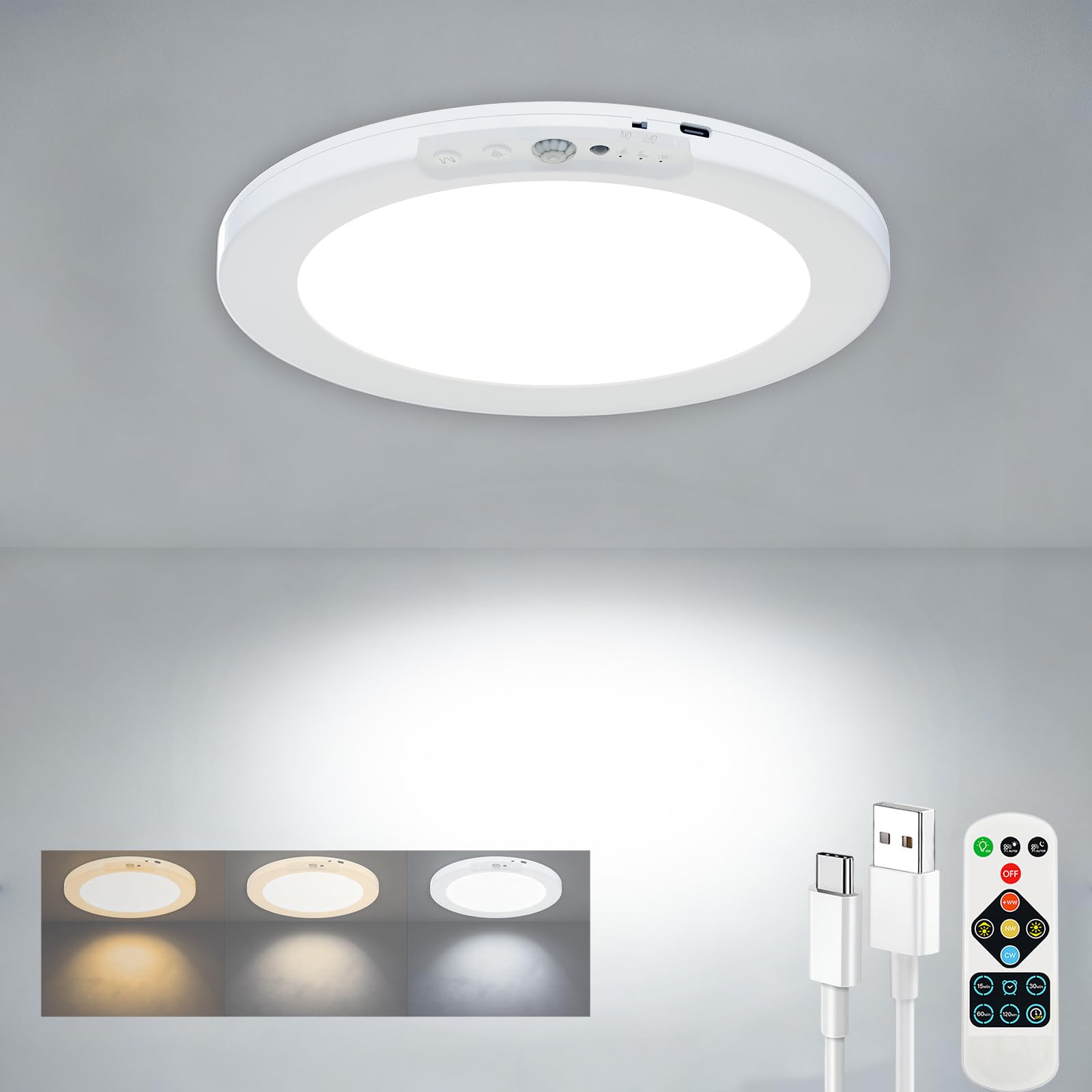 YIKEMJERP Motion Sensor Closet Light Indoor, Fast Charging Wireless Ceiling Light with Remote, Rechargeable Battery Operated Lig