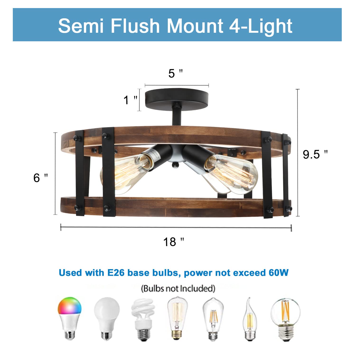 Voguad Semi Flush Mount Ceiling Light, Wood Drum Design, Brown, Rustic Style for Hallway, Entryway, Laundry Room, Bedroom