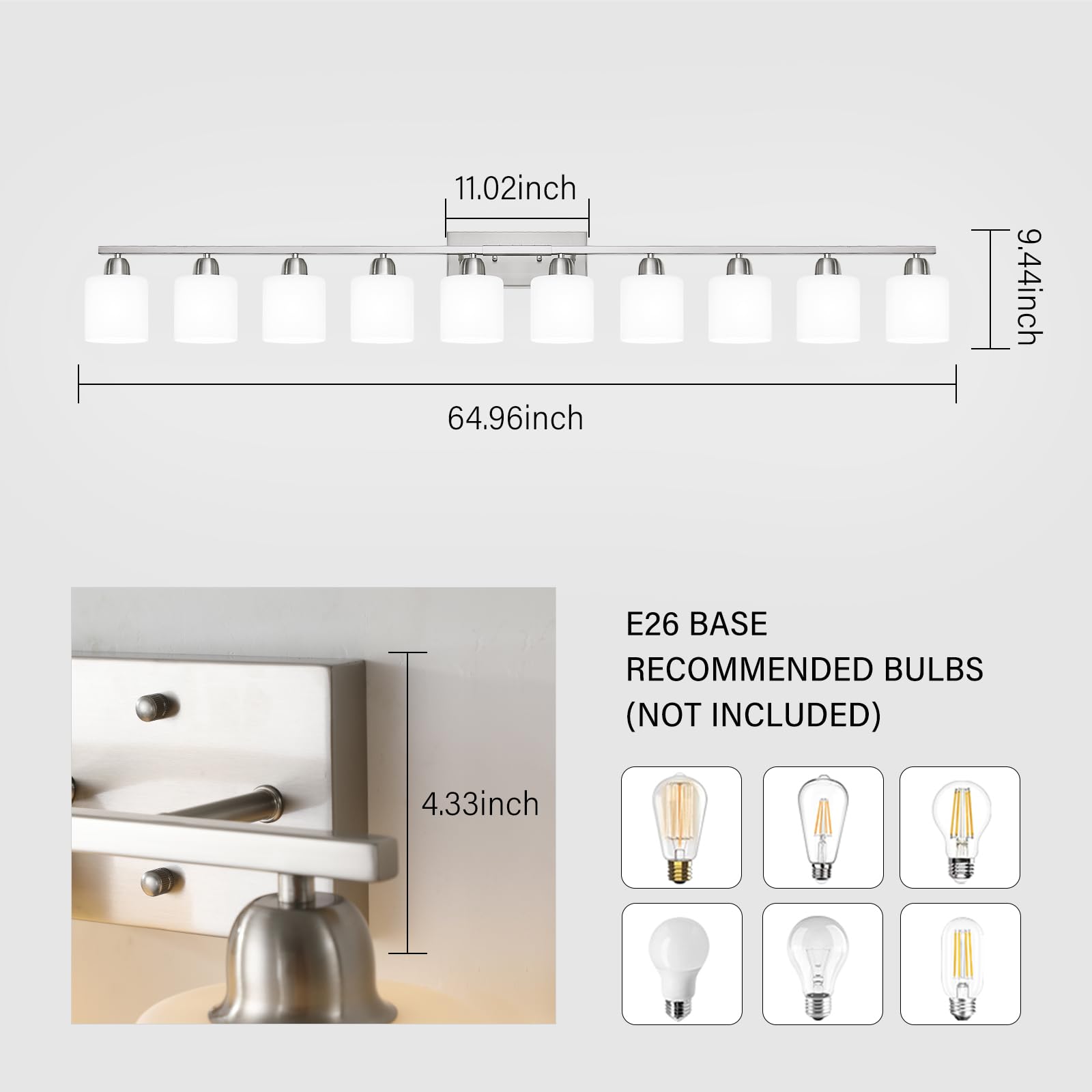FAISHILAN 10-Light Brushed Nickel Bathroom Vanity Light, 65 inch Wall Lamp with Milky White Frosted Glass Shades, Model FSL-212--NBN-10
