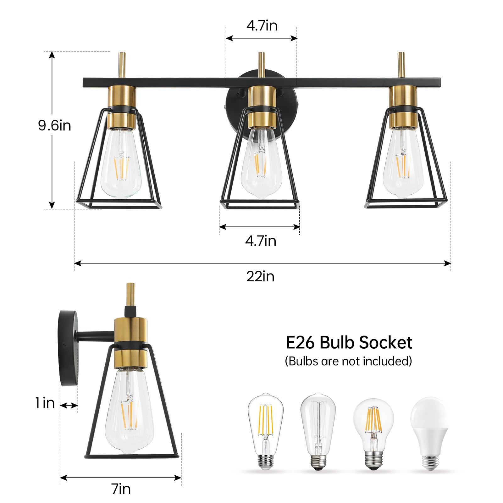 HAHZT 3-Light Industrial Bathroom Vanity Lights, Black & Gold Metal Cage Wall Sconce, Rustic Farmhouse Fixture for Bedroom & Living Room