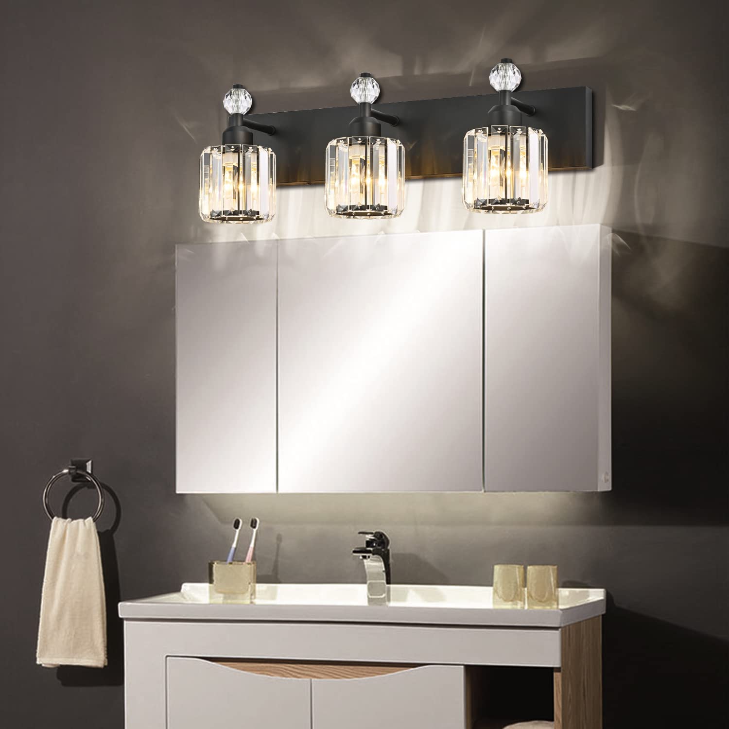 PRESDE Black Crystal 3-Light Vanity Lighting Fixture - Modern Bathroom Wall Light with Matte Black Metal Back Plate