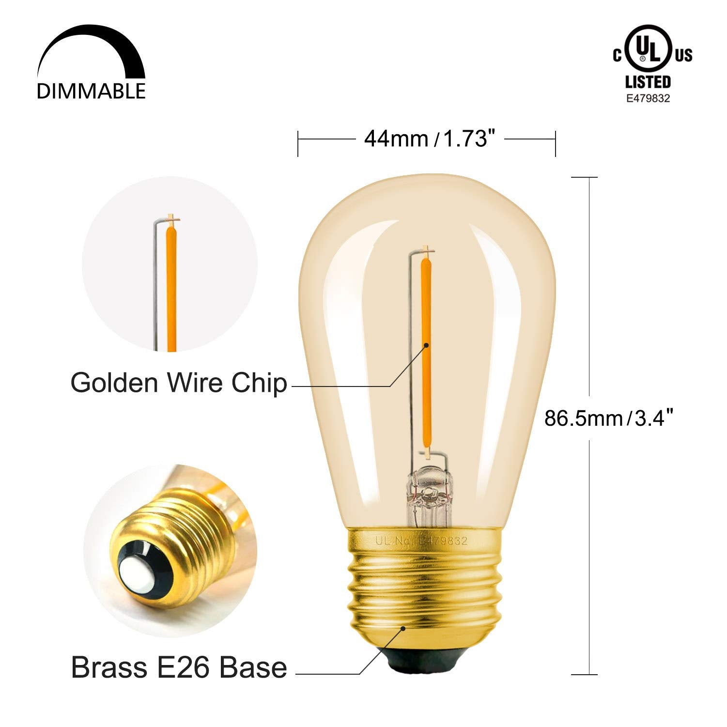 Hizashi S14 LED Bulbs 15 Pack, 2W Dimmable Amber 2200K, Shatterproof Waterproof, E26 Base, UL Listed