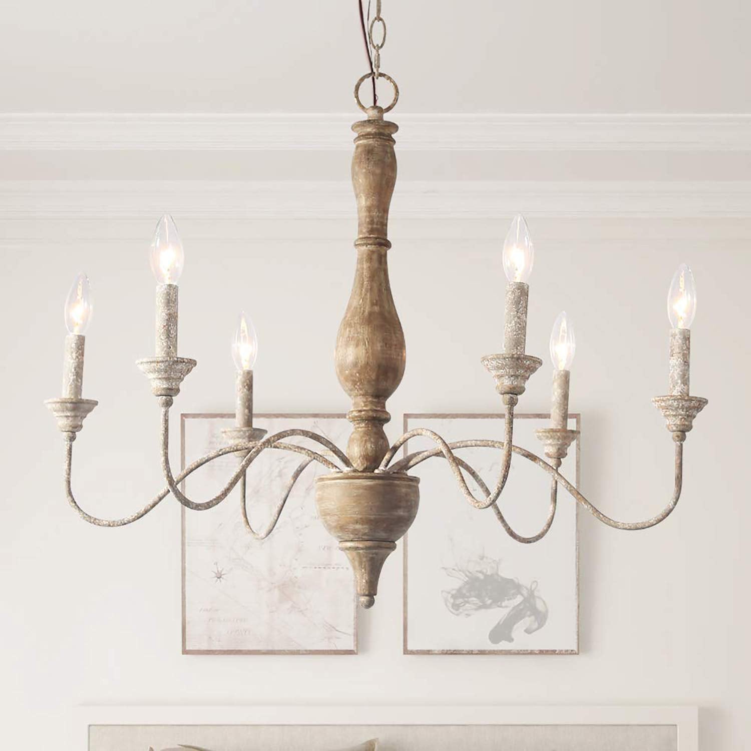 LNC French Country Chandeliers Wood 6 Lights Rust Arms for Dining  Bedroom  Living Room and Bathroom  Brown Lamp Body Size:D29.5 xH24.5