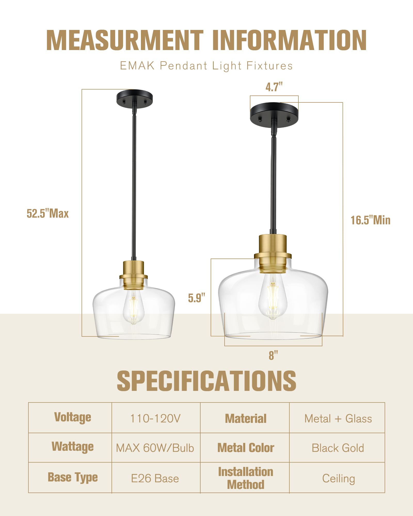 Emak 2 Pack Black Gold Pendant Lights Kitchen Island, Modern 8 Inch Clear Glass Pendant Light, Farmhouse Island Lights For Kitch