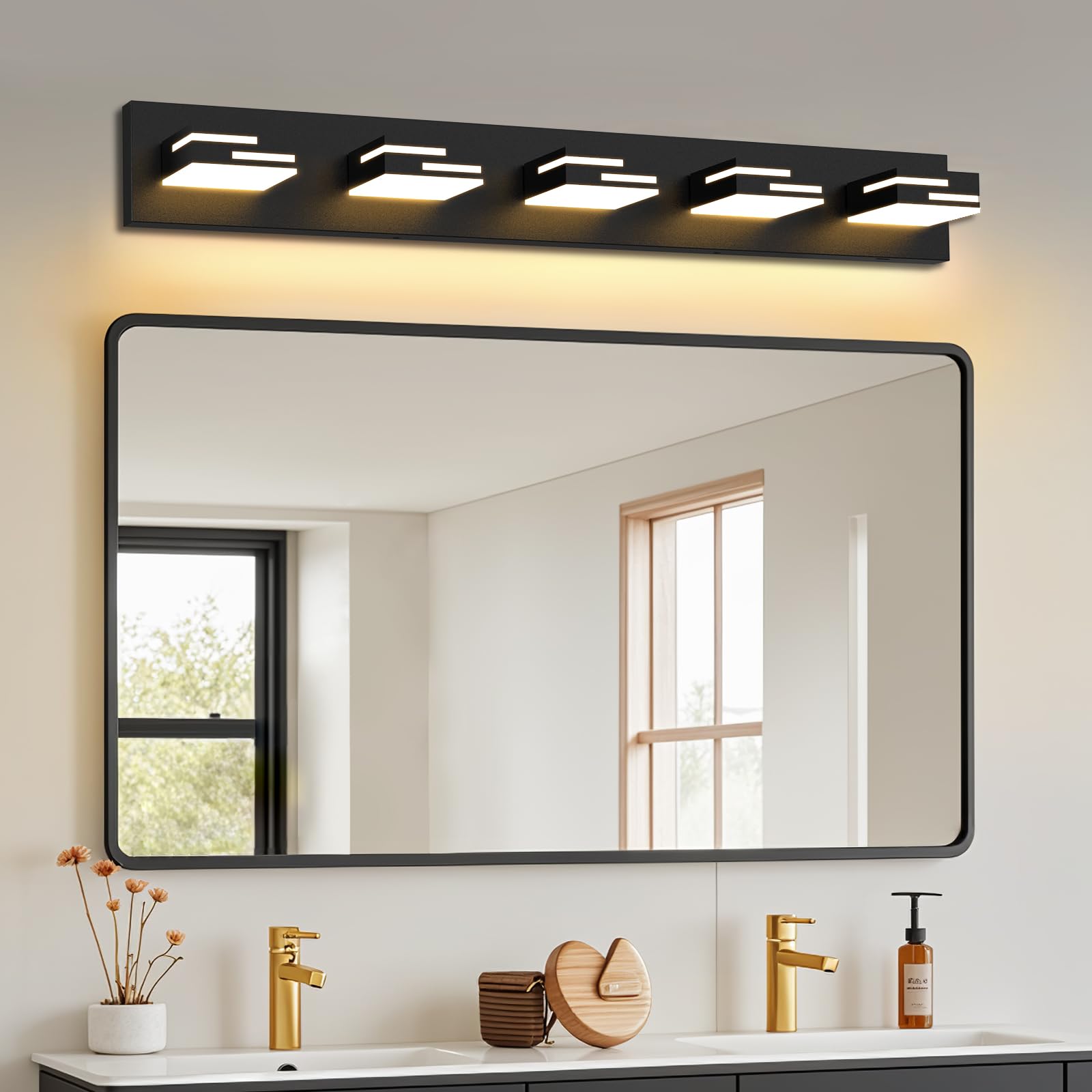 Lkhf Led Modern Bathroom Vanity Light Fixtures 5-Light 5Cct Dimmable Matte Black Vanity Lights For Bathroom Lighting Fixtures Over Mirror  With 350?Rotatable Acrylic Heads  34-Inch