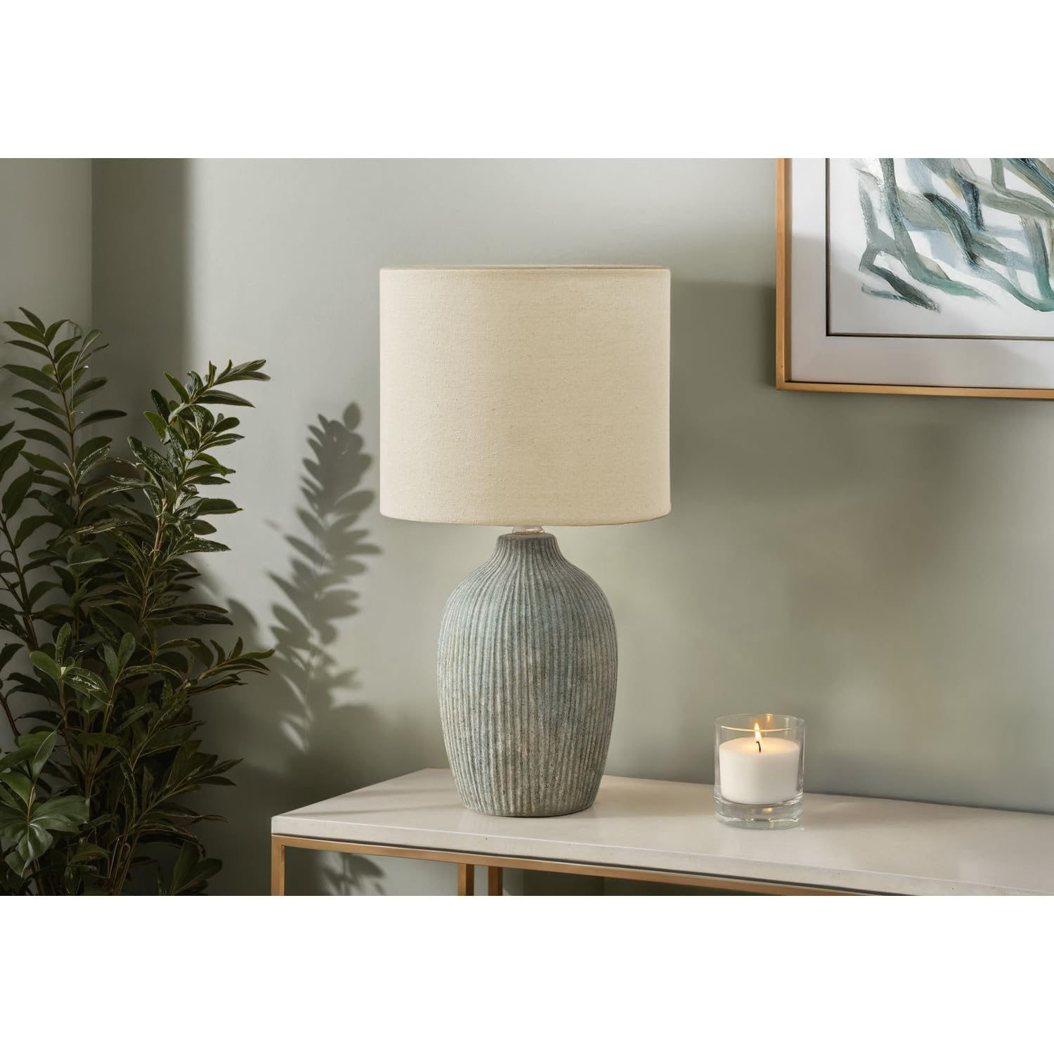 Monarch Specialties Table Lamp I 9784 Green Ceramic 18in H Beige Shade Contemporary Modern