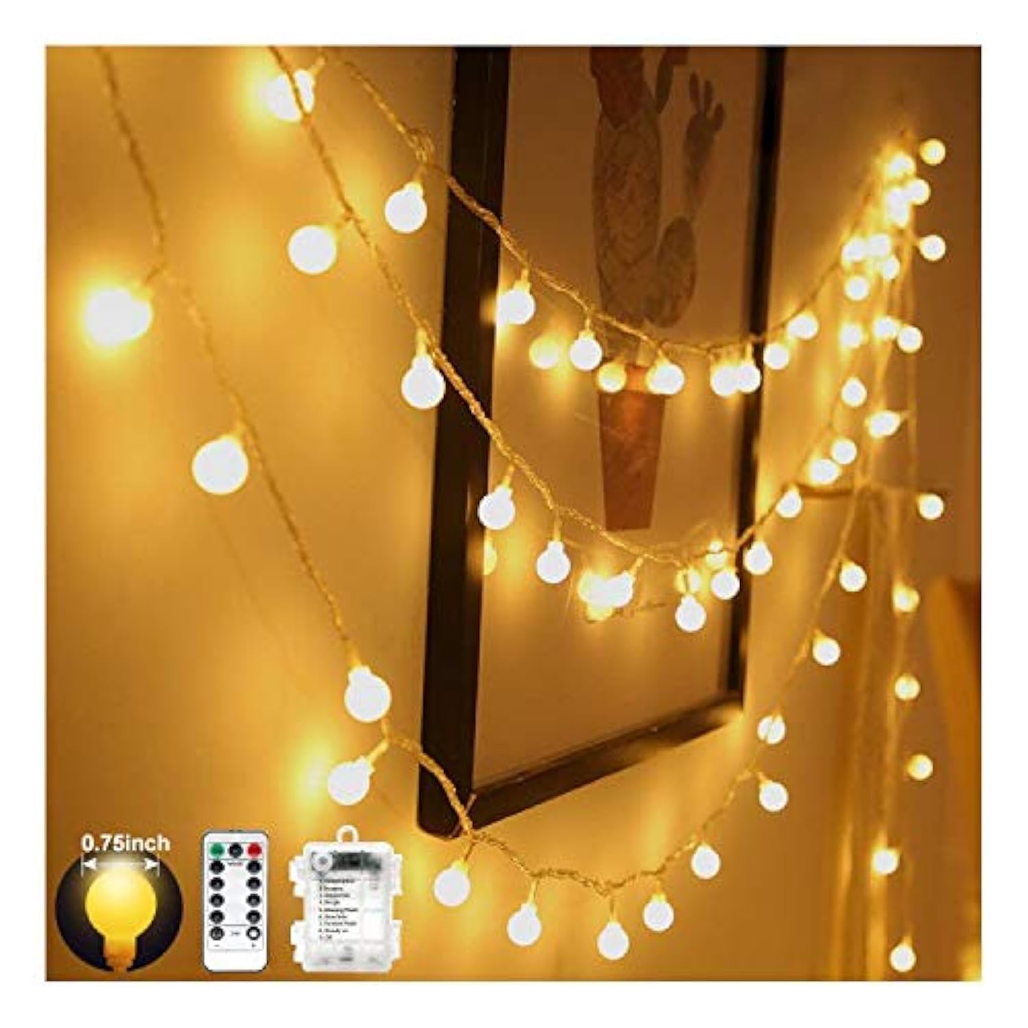 YoTelim Globe String Lights, 33FT, 80 LED, Battery Operated, Warm White, Waterproof, 8 Modes with Remote Control, 1 Pack