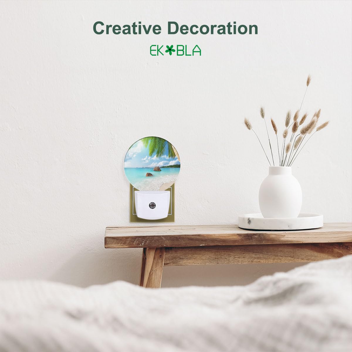 Ekobla Palm Tree And Beach Led Night Light Island Beach Sea Ocean Dusk To Dawn Night Lamp Auto Sensor For Home Indoor Bathroom H