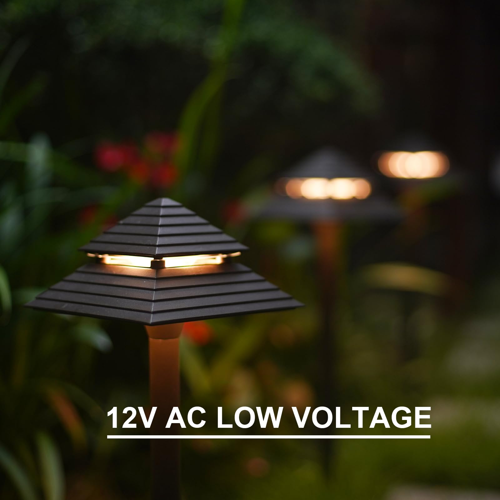 GOODSMANN 8PK Low Voltage Landscape Path Lights, 3W LED 180 Lumen, Bronze Metal, 2-Tier Pagoda Design, Model GG9121-21505-08