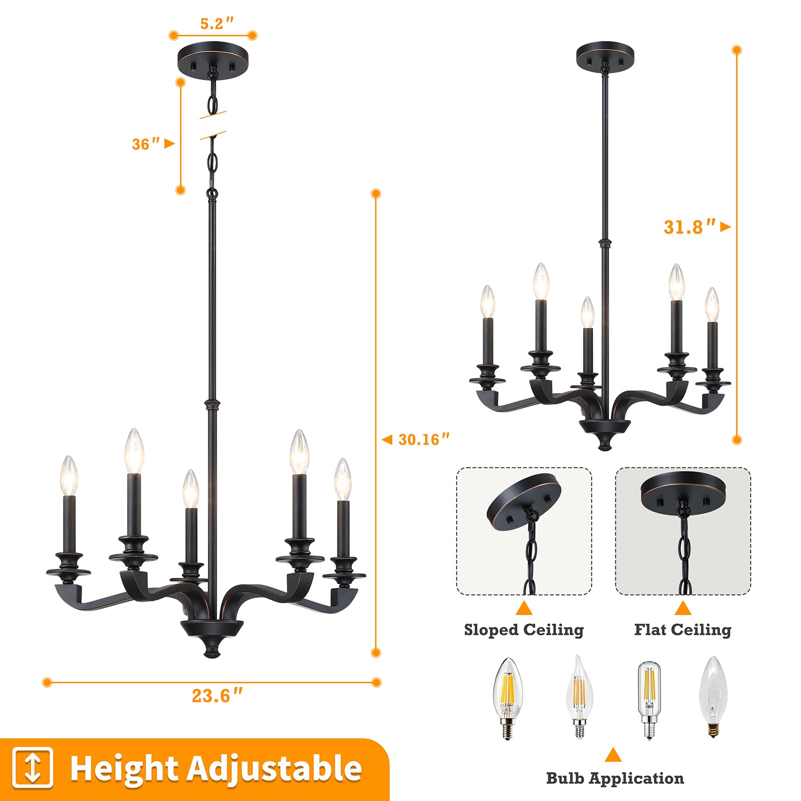senroyal 5-Light Black Chandelier Light Fixture, Modern Farmhouse Style, Alloy Steel, 25.5 Inch, E12 Base, Model 580252