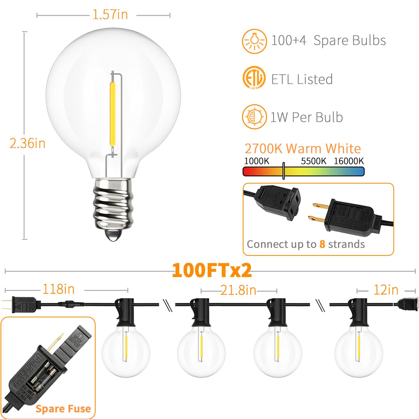 Svater Outdoor String Lights 200 Ft, Patio Lights With 104 Shatterproof Led Bulbs, Commercial Grade Waterproof Plastic Hanging L