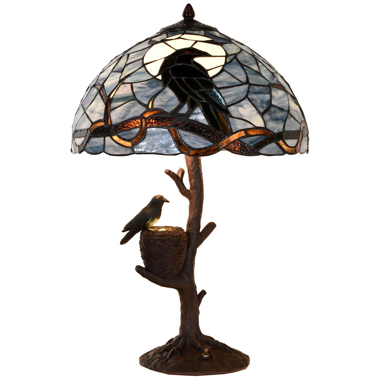 Bieye L10968 Raven Sitting on Bare Tree Branch in Full Moon Night Tiffany Style Stained Glass Table Lamp for Home Decor (Dark Bl