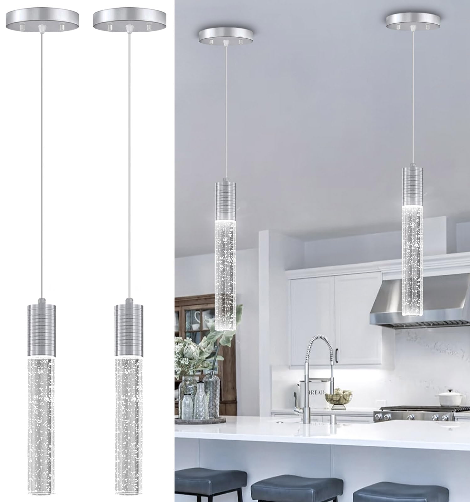 HAIXIANG Set of 2 Pendant Lights for Kitchen Island  White Light  Silver Crystal Linear Pendant Lighting  Bar Corner LED Light Fixture