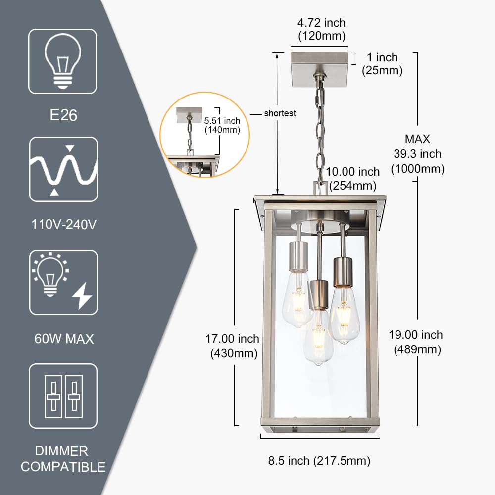 Todoluz 3-Lights Outdoor Pendant Light, Modern Brushed Nickel Outdoor Chandelier With Clear Glass, Adjustable Ceiling Mount Porch Light For Entryway Patio