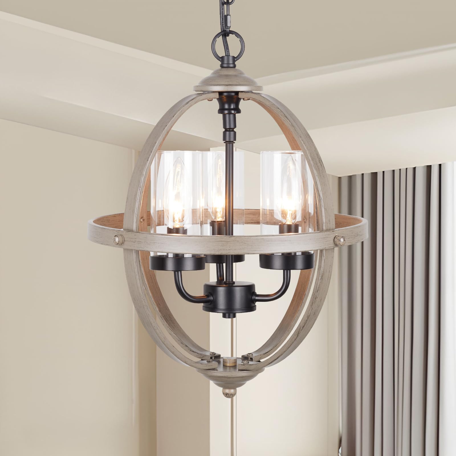 Farmhouse Chandelier, 14'' Industrial Rustic Globe Sphere Orb Chandelier Wood Grain, 3-Light for Dining Room Entryway Kitchen Is