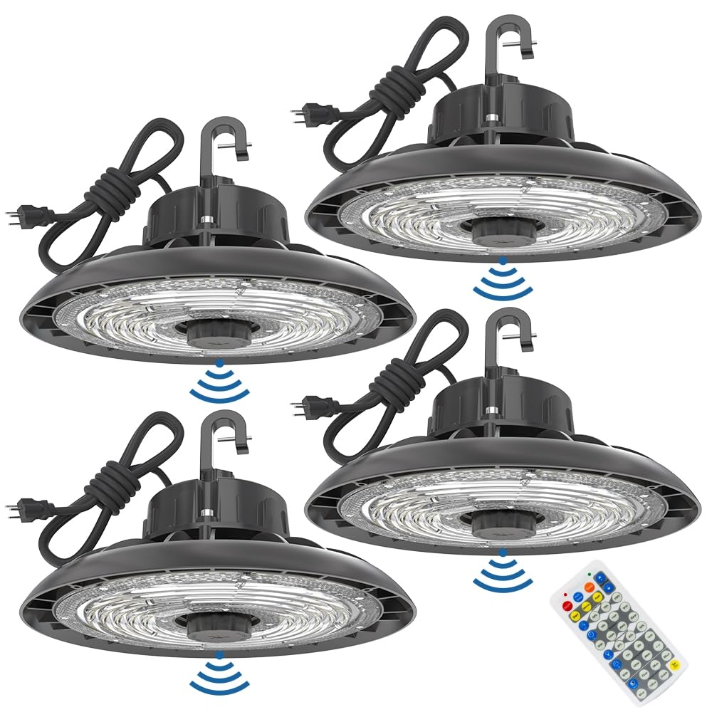 HYPERLITE 150W Smart High Bay LED Shop Lights 4pack, 140LM/W 5000K LED High Bay Lights with 1pack Remote Control & 4pack Motion 