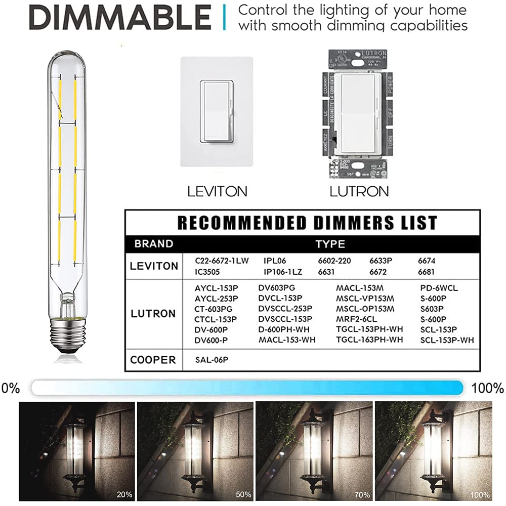 Xininsun Dimmable T10 Led Bulbs, 8.9 Inch Long Tubular Bulb,60-75 Equivalent,800Lm,E26,4000K Daylight,Clear Glass,For Cabinet Di