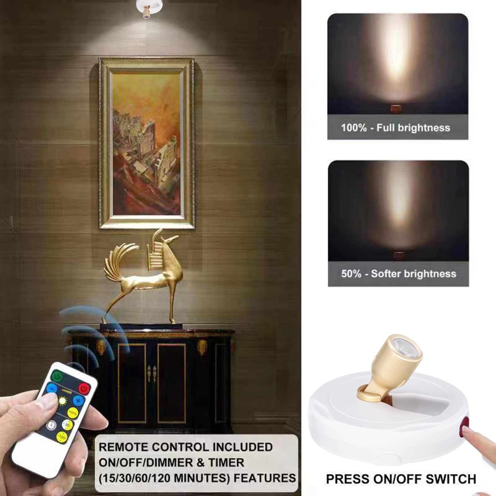 HAMVIDNE LED Spotlight - Battery Powered Picture Lights, Remote Control, White+G, Model HA-WG-2+2, 2pcs for Artwork Display