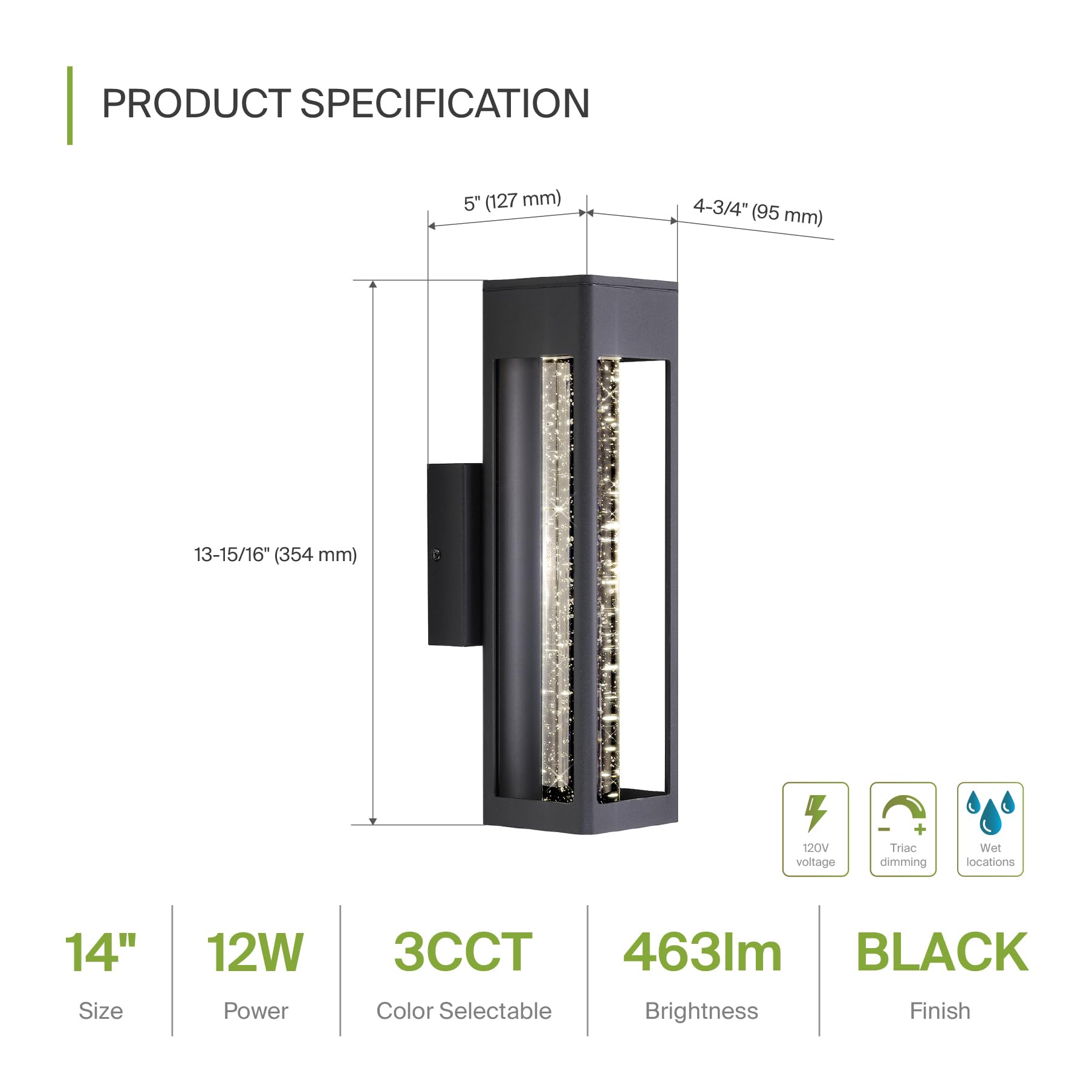 ASD LED Wall Light Fixture - 12W 300LM 3000K-5000K, 14 Inch Bubble Tube, Dimmable, Waterproof, Black, 4 Pack