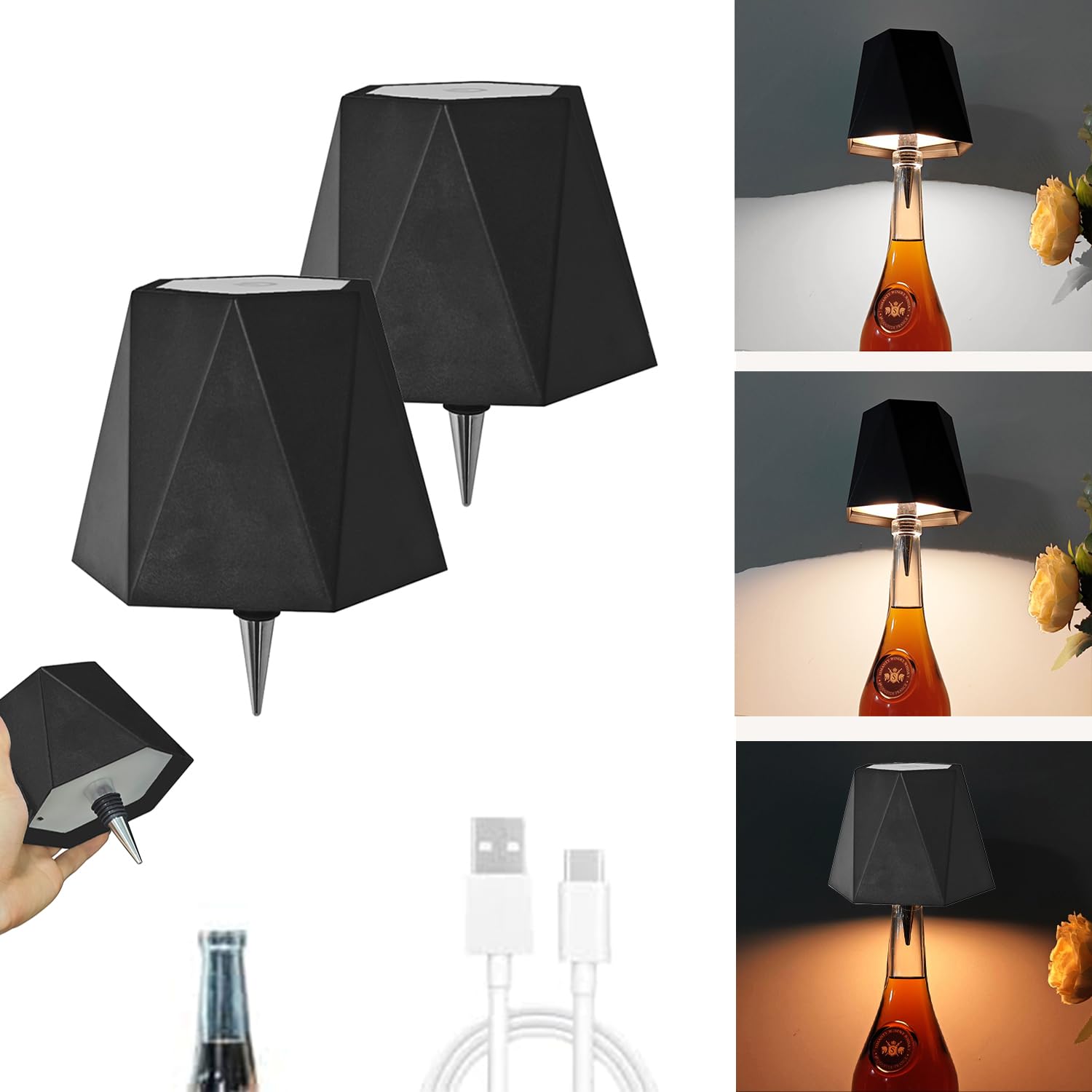 JKEYES 2PCS Black Wireless Liquor Wine Bottle Lamp Touch Dimmable 3 Color Stepless Bottle Light 5000mAh Battery Powered Lamp, Re