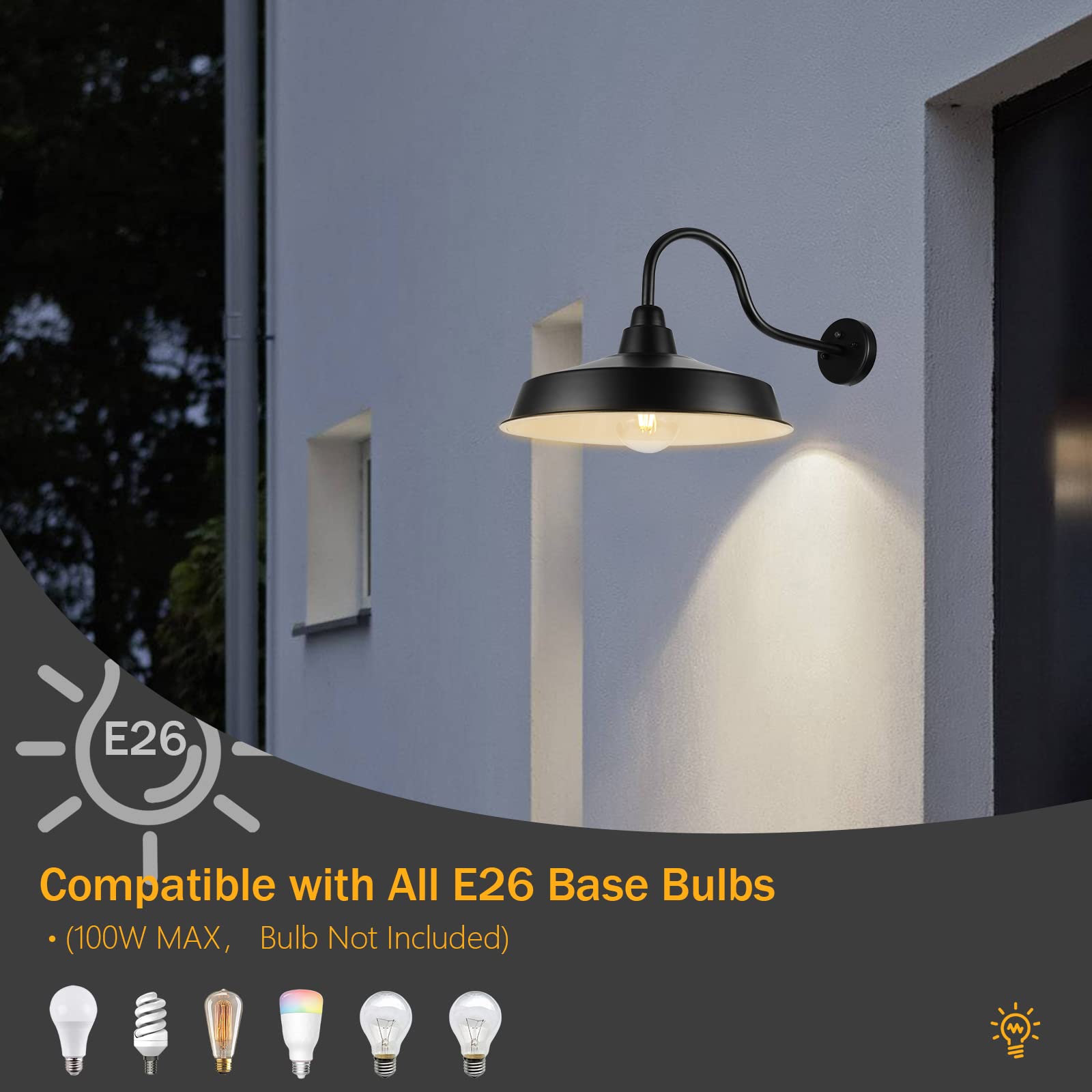 Diyel Dusk To Dawn Gooseneck Barn Lights Outdoor, 16 Inch Dome Large Farmhouse Exterior Light Fixture Wall Mount, Industrial Outdoor Wall Sconce Outside For House, Shop, Porch, Garage,Ddrz020 Bk-4Pack