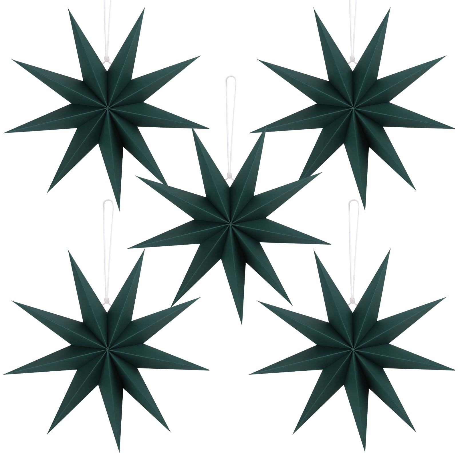 BestoFun 12 Inches 5 PCS Dark Green Paper Star Lanterns Christmas Party Decorations Hanging Stars Christmas Party Decorations Wedding Birthday Christmas Home Party Decorations(9 Pointed)
