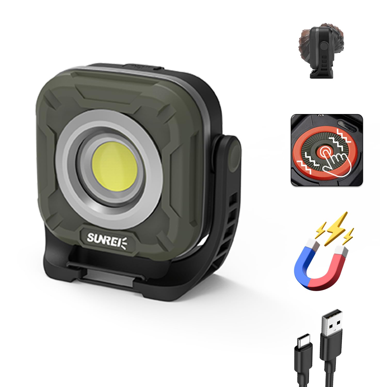SUNREI 1300LM LED Magnetic Work Light, IPX65 Rechargeable Floodlight, 7800mAh, Green, Model SU-C1200