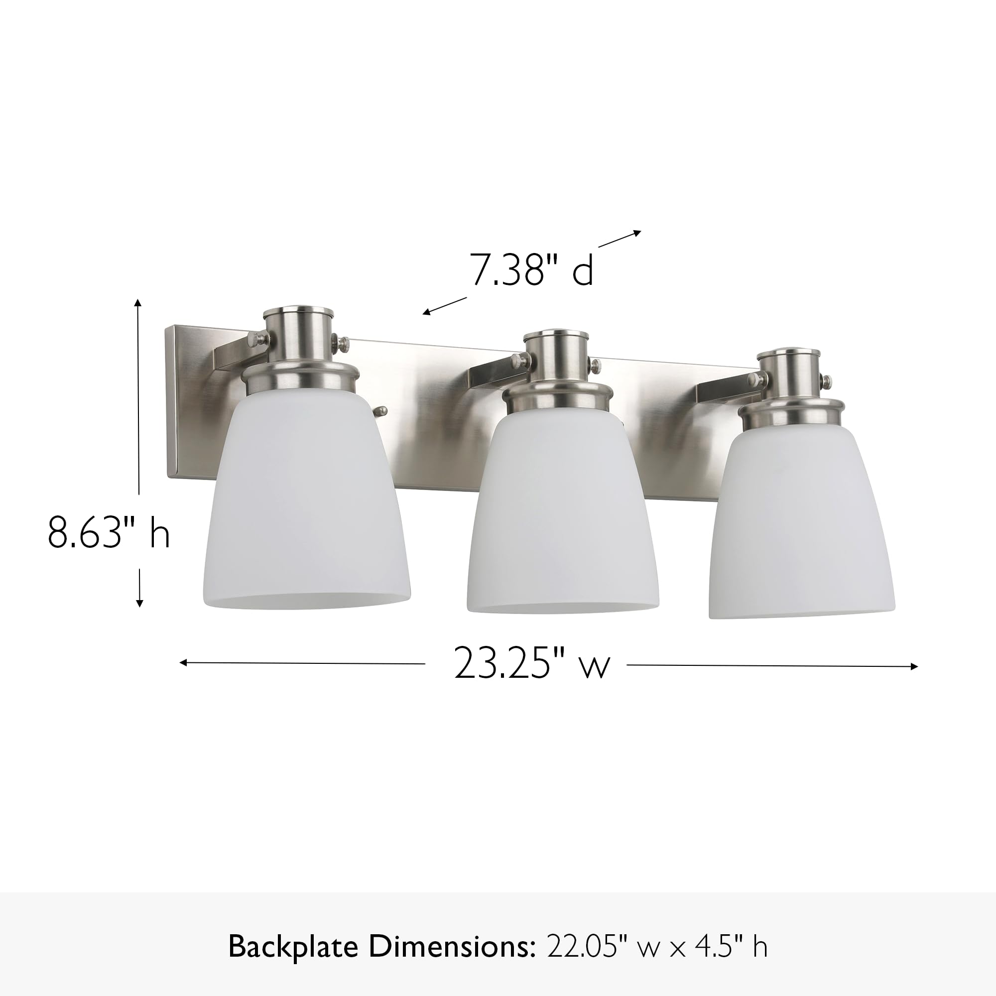 Design House Atkinson Vanity Light, 3-Light, Frosted White Glass Shades, Dimmable, Up/Down Mountable, E26 Socket, Satin Nickel,