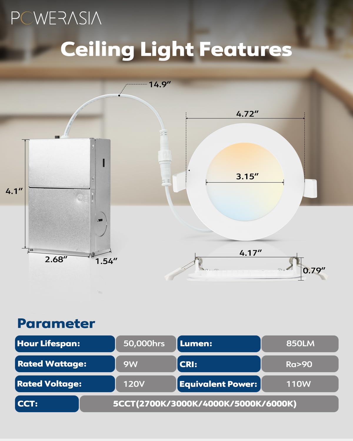 POWERASIA 20 Pack 4 Inch LED Recessed Lighting, 5CCT Selectable 2700K-6000K, 9W, ETL & Energy Star Certified,