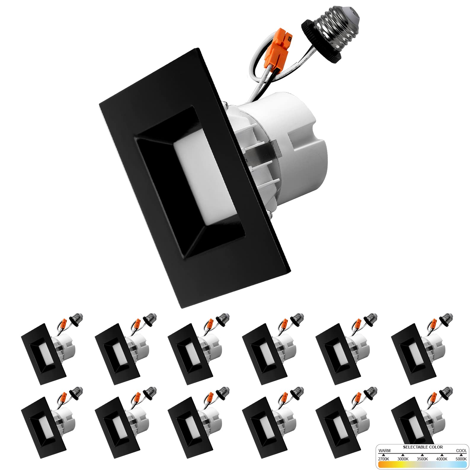 NUWATT 12 Pack, 4 Inch Retrofit LED Square Recessed Lighting, 5CCT 2700K/3000K/3500K/4000K/5000K Selectable, 750 Lumens, 11W, Bl