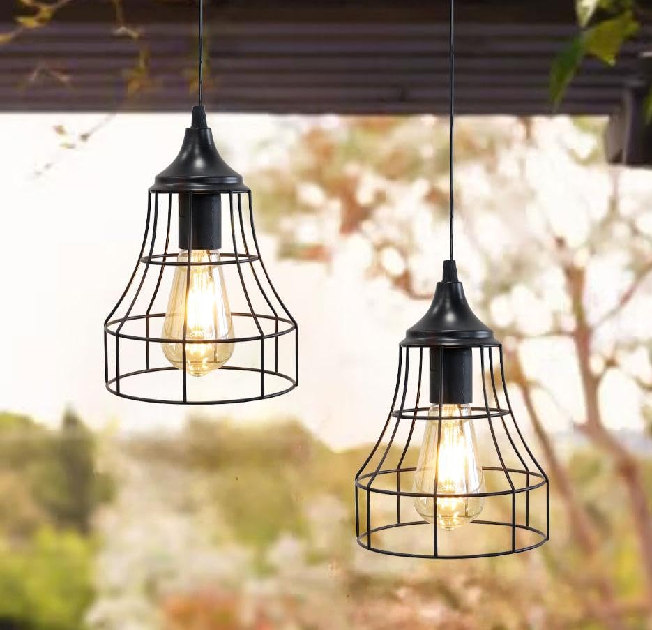Jhy Design Hanging Lamp Set Of 2 Battery Powered Decorative Pendant Lamp Metal Cage Battery Lamp With 6 Hours Timer For Bar Bedr