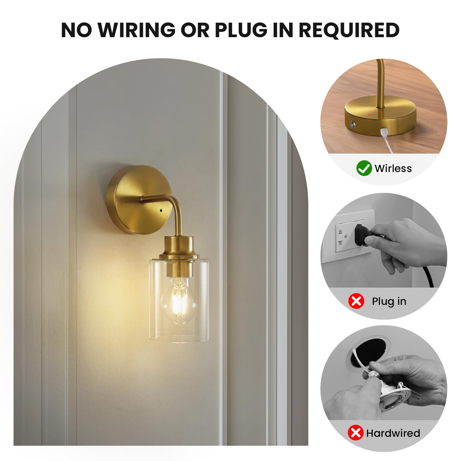 Epinl Dimmable Battery Operated Wall Sconce Set of 2 - Wireless Gold Glass Lamps, Rechargeable, 3000K Modern Lighting for Home