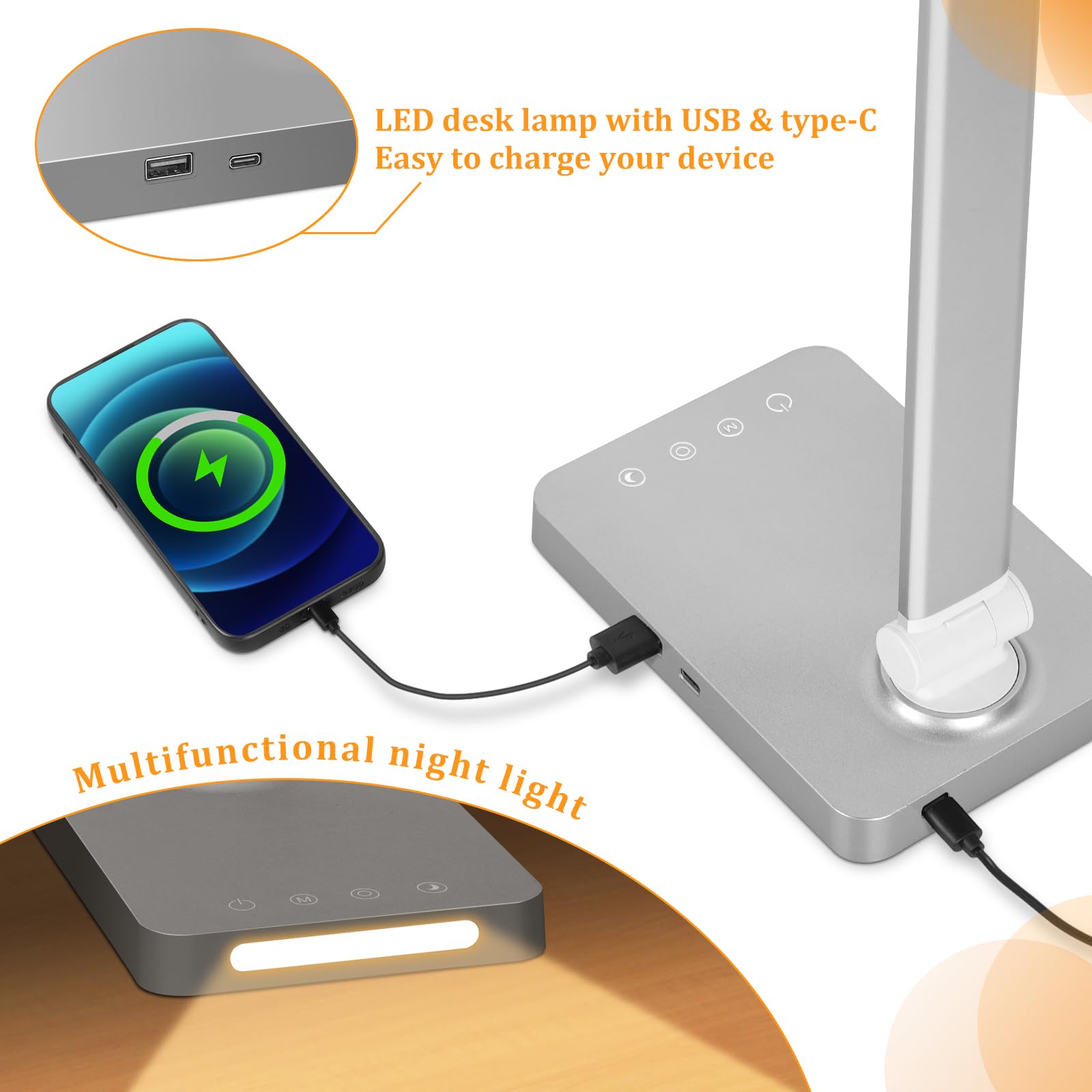 Dott Arts Led Desk Lamp With Usb Ports,Touch Desk Lamps For Home Office With 5 Color Modes,3 Brightness Desk Light With Small Night Light,Reading Lamp Table Led Lamp For Bedroom Bedsid Study Sliver