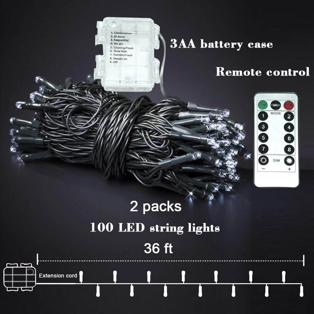 Warm White String Lights Indoor, 2 Pack 36Ft 100Led Christmas String Lights With Remote And Timer, Twinkle Christmas Tree Decor Lights Dimmable Waterproof, Xmas Lights Indoor/Outdoor