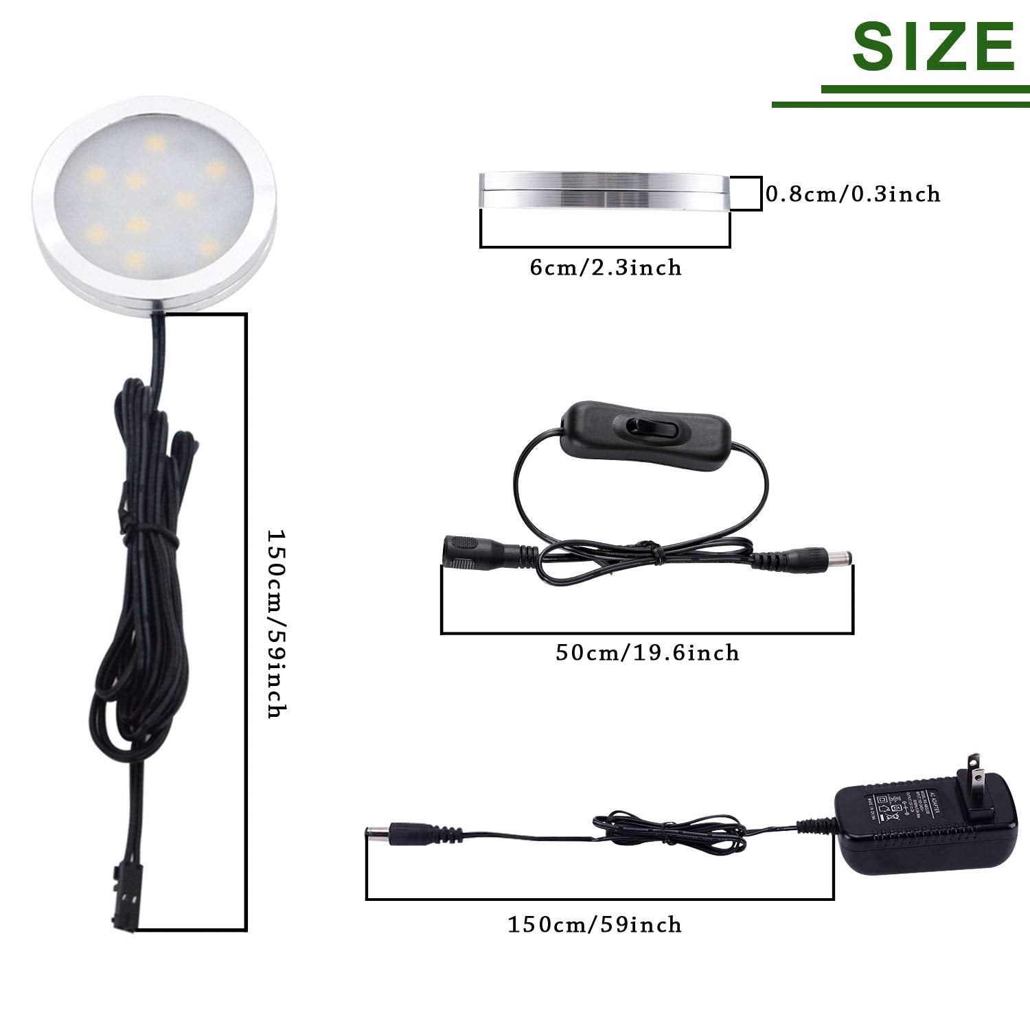 AIBOO 12V LED Under Cabinet Lighting Kit - 3 Pack Slim Aluminum Puck Lights, Natural White, Includes 2-Way Switch and All Accessories
