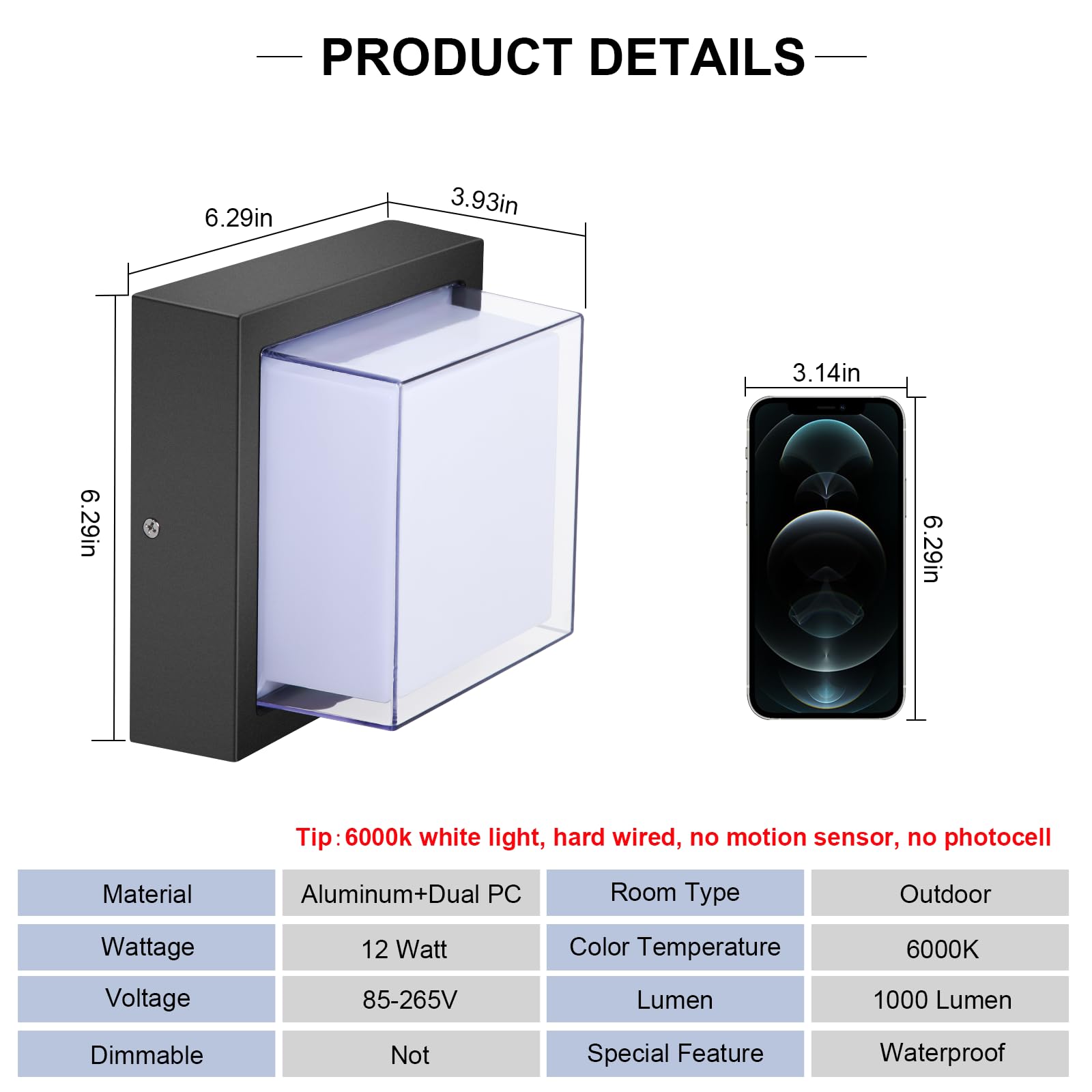Tomourd Exterior Wall Lights  Modern Waterproof Outdoor Wall Mount Lighting  Black Square Small Led Porch Light With Anti-Rust 6000K Daylight 12W For Garage  Entryway House