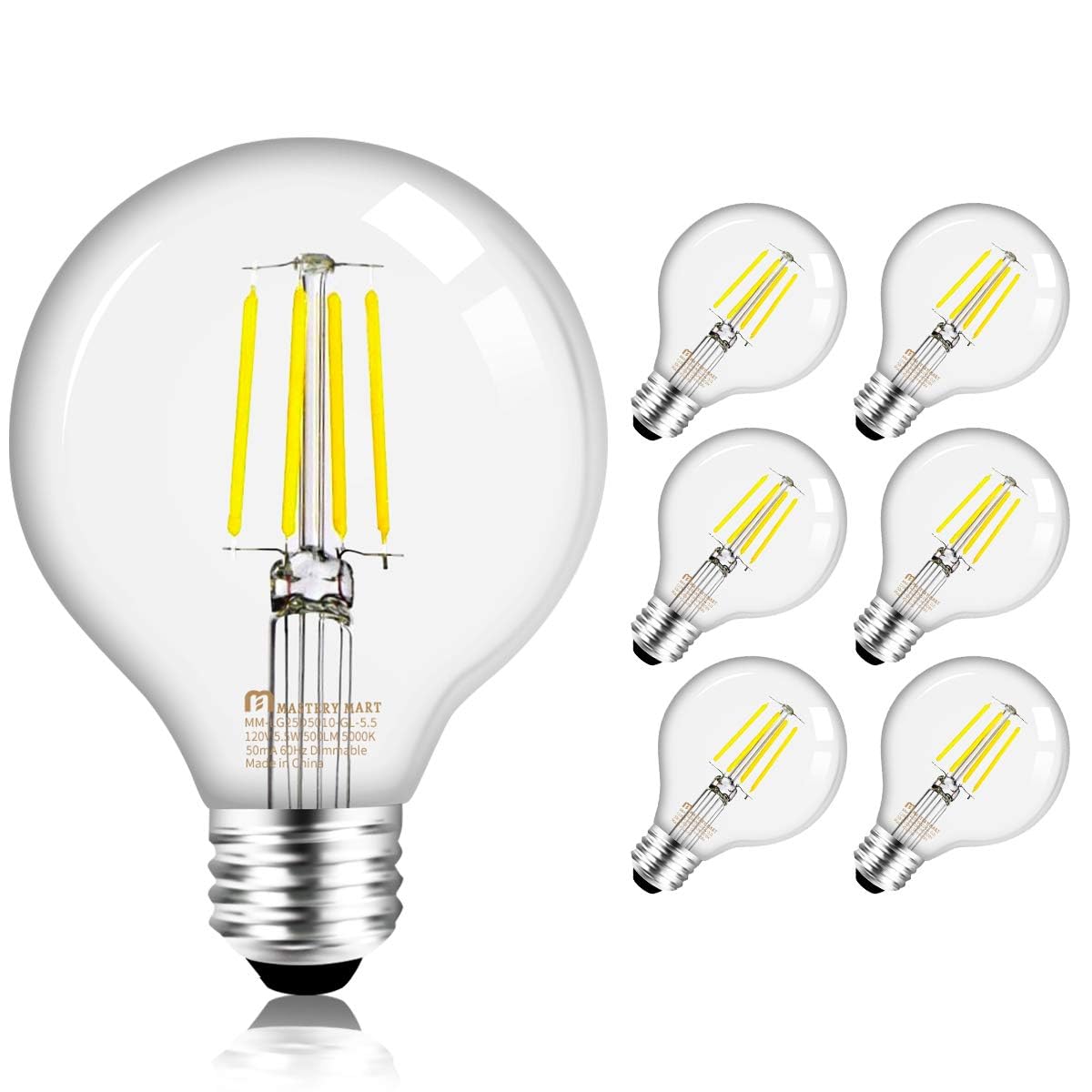 Mastery Mart G25 Globe Light Bulbs, Dimmable, E26 Base, 60W Equivalent, 5.5W Led, 5000K Daylight White, Vintage Filament For Bat